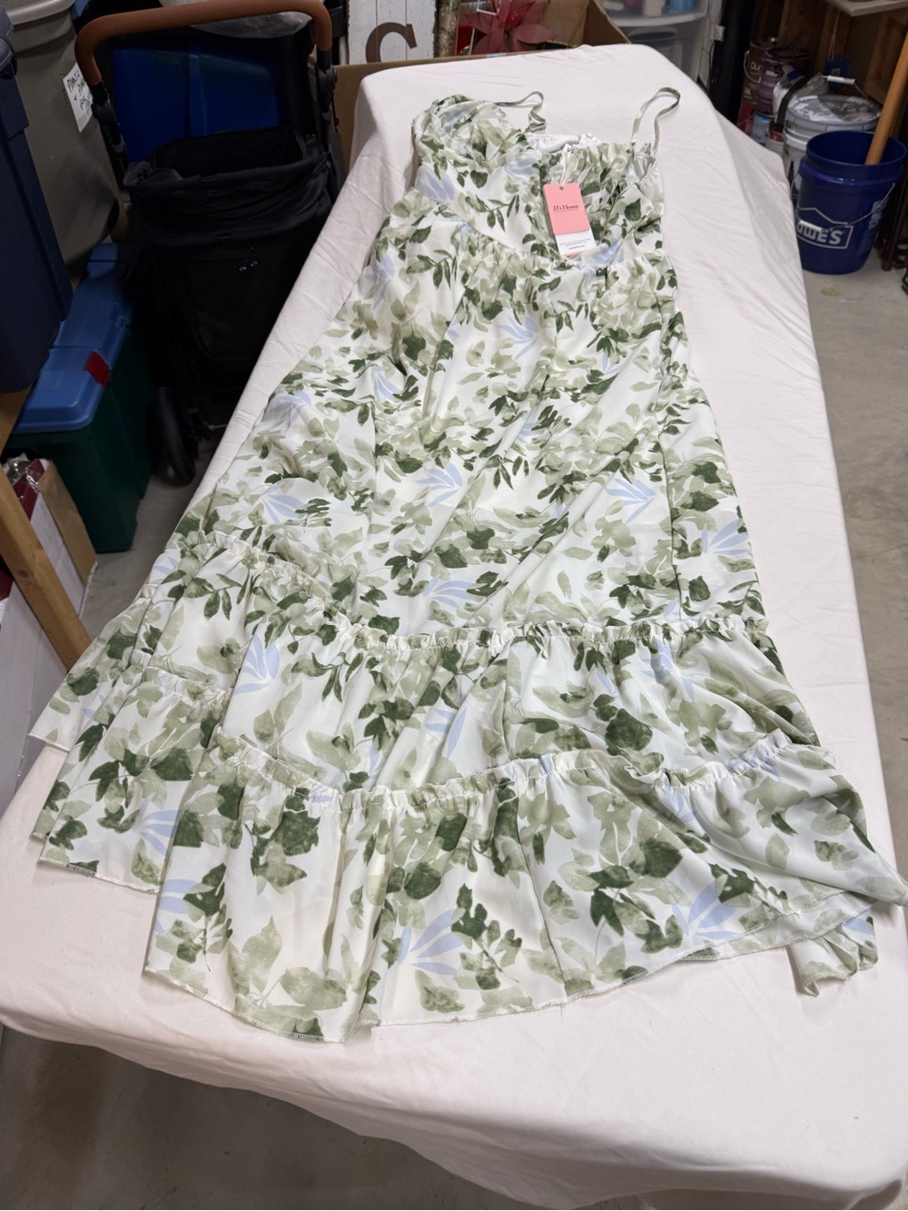 JJs House White Maxi dress with Green Leaf Print